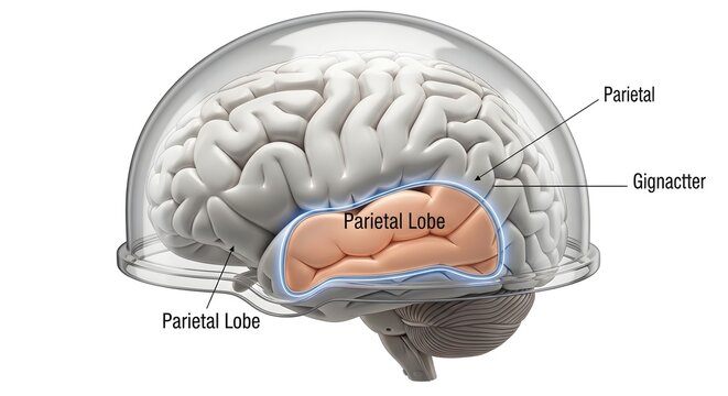Transparent skull illustration of the human brain with the parietal lobe shaded and labeled against a muted cerebrum, clearly showing the region responsible for processing touch, spatial awareness and