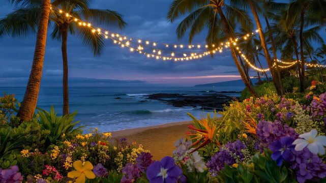 Tropical seaside at dusk, tiki torches adorned with tropical flowers casting warm light, palm trees and string lights framing the beach, soft ocean waves illuminated by colorful tw