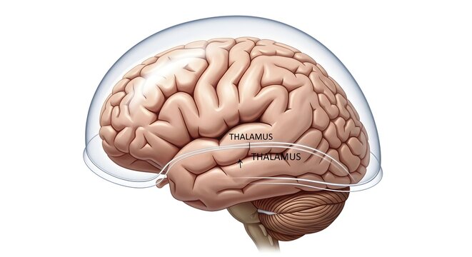 Sagittal anatomical illustration of the human brain with the thalamus labeled beneath the cerebral cortex, showing this key relay station that filters and directs sensory information to appropriate co