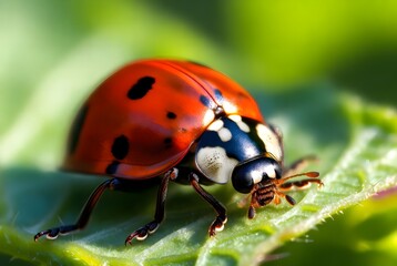 Fototapeta premium Macro Close-Up of a Red Ladybug on a Vibrant Green Leaf with Soft Bokeh Background