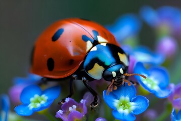 Obraz premium Macro Close-Up of a Red Ladybug on a Blue Flowers