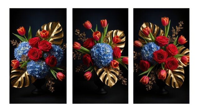 Vibrant floral arrangements with red roses and blue hydrangeas