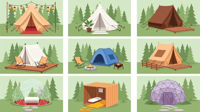 Camping Tent Vector Set with Different Outdoor Shelters, Glamping Domes, Cabins and Campsite Scenes for Travel, Adventure and Nature Illustration Design