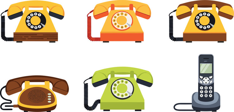 Collection of vintage rotary telephones and cordless phone devices isolated on white background communication technology vector illustration set
