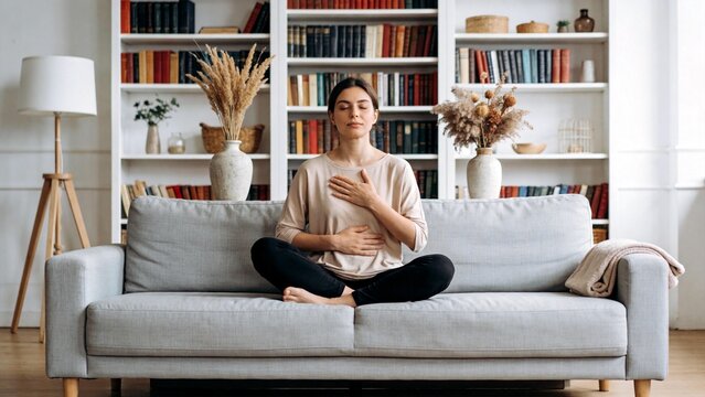 Woman meditating on couch in living room