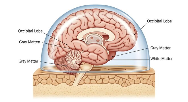 Sagittal illustration of the human brain within a transparent cranial dome highlighting the occipital lobe plus labeled gray and white matter, ideal for explaining visual cortex location and basic bra