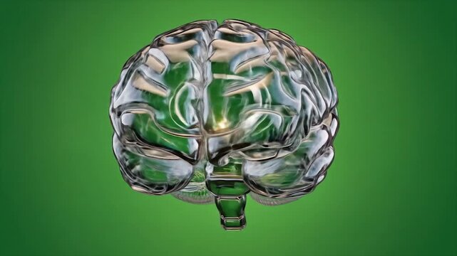 3d illustration of glowing human brain with light effect on green gradient background