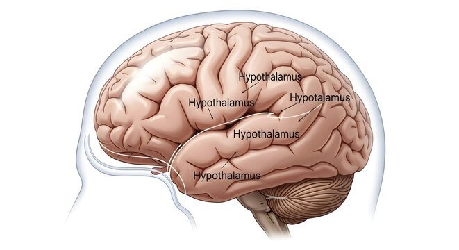 Lateral illustration of the human brain with multiple labels marking the hypothalamus, emphasizing this small but crucial region that links nervous and endocrine systems, regulating temperature, hunge