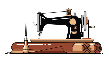 Vintage sewing machine with wooden base and spool of thread, Generative AI.