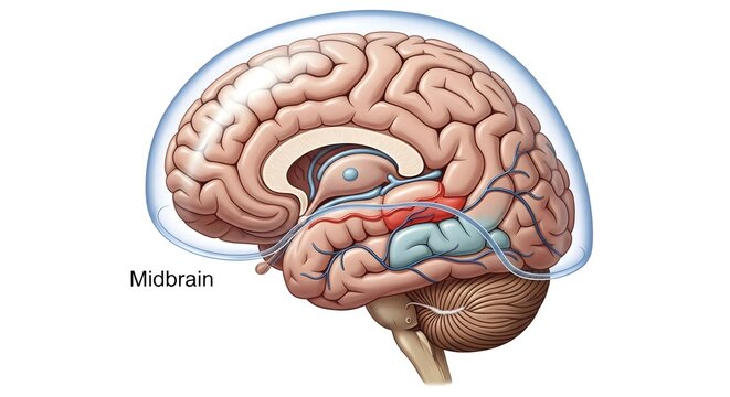 Sagittal illustration of the human brain with the midbrain region highlighted among surrounding structures, demonstrating its key role as a relay center for vision, hearing, movement and reflex pathwa