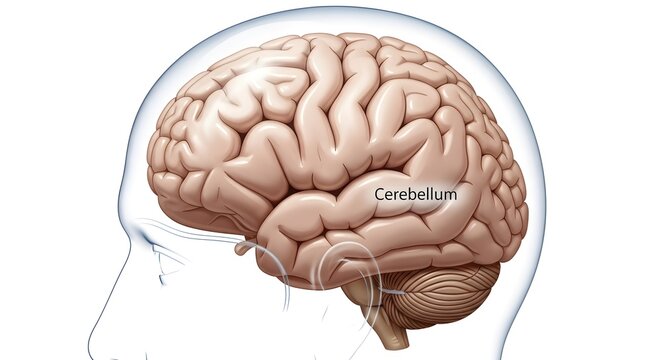 Lateral view illustration of the human brain with the cerebellum clearly labeled, showing its location beneath the cerebrum and its crucial role in coordinating balance, posture, fine motor control an