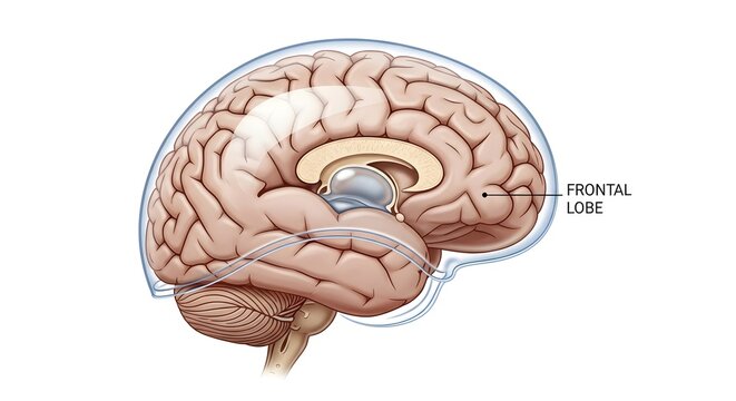 Sagittal medical illustration of the human brain emphasizing the frontal lobe, the region responsible for planning, decision making, personality, voluntary movement and executive functions, useful for