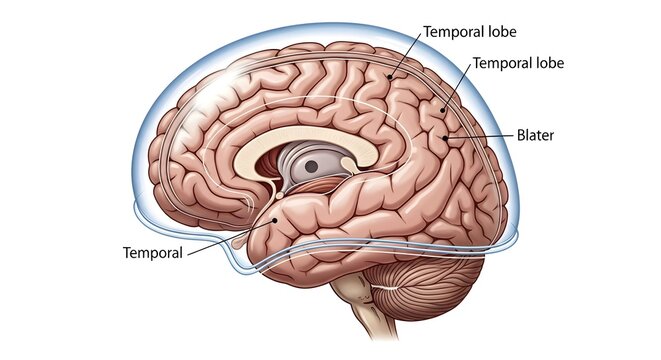 Sagittal illustration of the human brain highlighting the temporal lobe regions involved in hearing, language comprehension, memory and emotion, ideal for explaining cortical localization and temporal