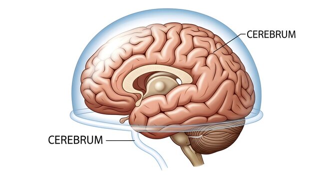 Lateral view medical illustration of the human cerebrum under a transparent skull dome, focusing on the convoluted cerebral cortex and its role in thought, perception, voluntary movement and complex n