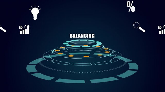Digital balancing hud interface for financial stability, futuristic data equilibrium motion graphics with business icons, abstract tech ecosystem process.