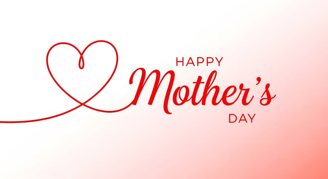 Red heart line art with happy mothers day text on pink gradient background love