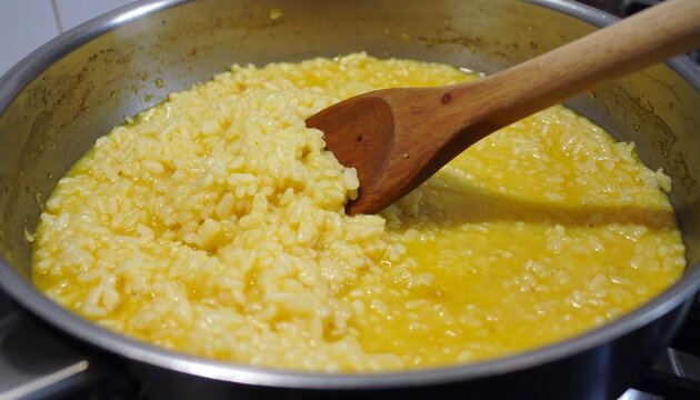 Creamy Risotto Being Stirred in a Pan with Wooden Spoon and Rich Yellow Color from Saffron or Turmeric Ingredients