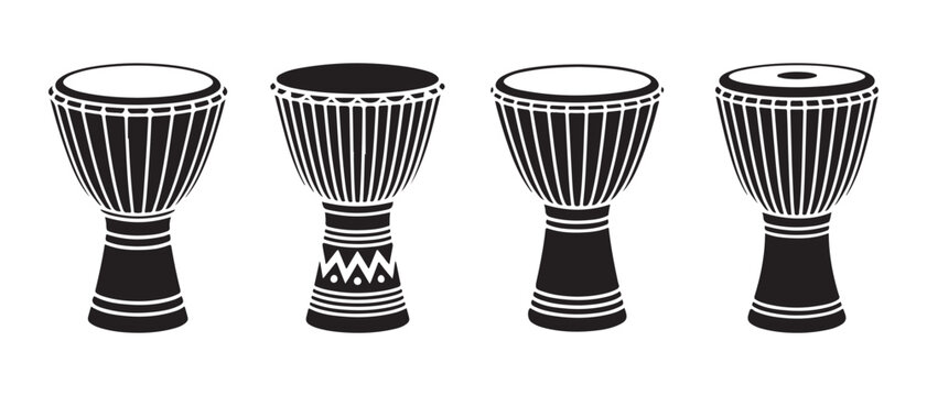 A collection of four traditional djembe drums displayed in a clean black and white vector style.