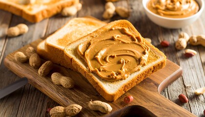 Fototapeta premium Freshly Spread Peanut Butter on Toast with Peanuts on Rustic Wooden Surface in Natural Light