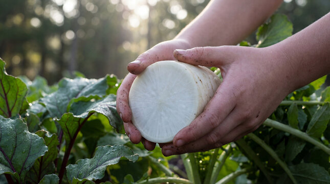 Close-up of hands holding a freshly picked organic daikon radish in a lush green garden