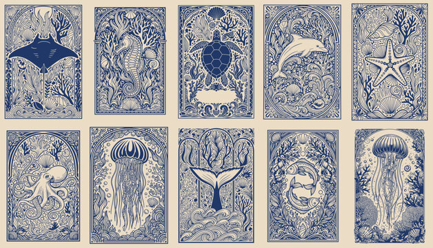 Art deco underwater print set of 10 with marine animals 