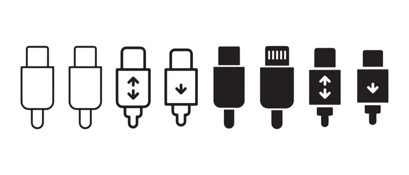 A collection of black and white line icons representing various types of usb charging cable plugs.
