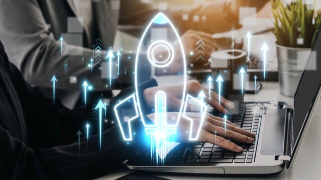 Digital Concept of Growth and Innovation with Rocket Launch Symbolizing Success in Business and Technology in Modern Workspace Environment Sigmoid