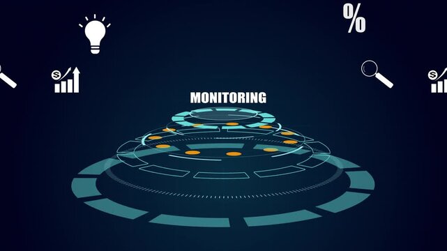 Monitoring corporate data with futuristic digital HUD interface, business analytics growth chart, light bulb idea and search magnifying glass icons.