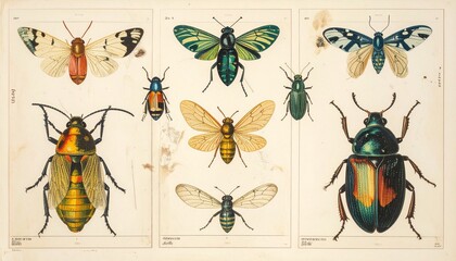 Vintage entomology illustration featuring diverse insect species on display.