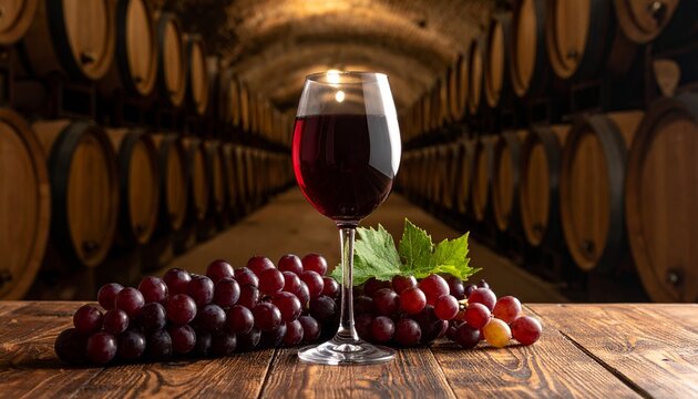 Glas Rotwein mit frischen Trauben im Weinkeller