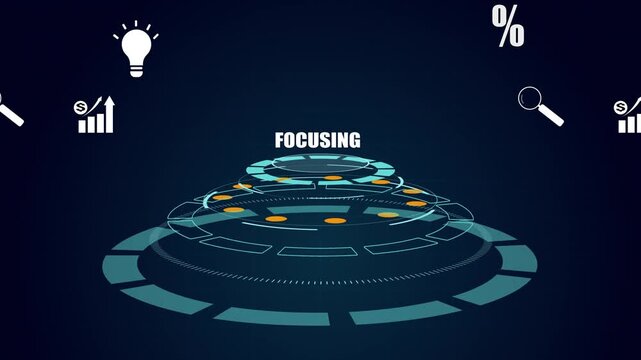 Focusing on business goals with futuristic digital HUD interface, showing growth data charts, innovation light bulb and search icons visualization.