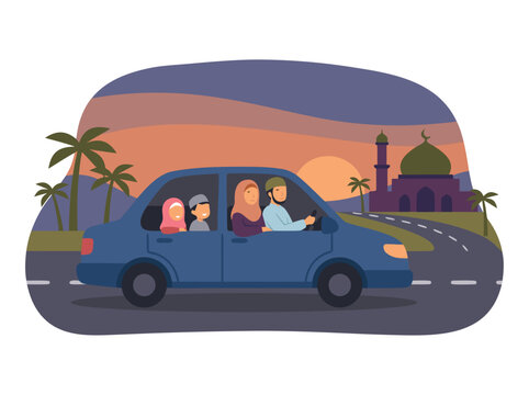 Muslim Family Traveling in a Car Towards a Mosque at Sunset.