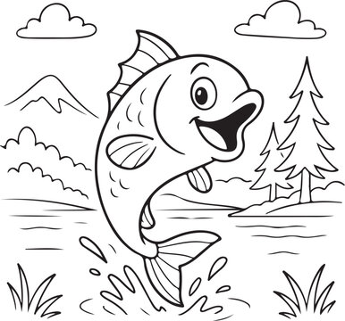 Smiling cartoon fish jumping out of water near snowy pine trees under clouds