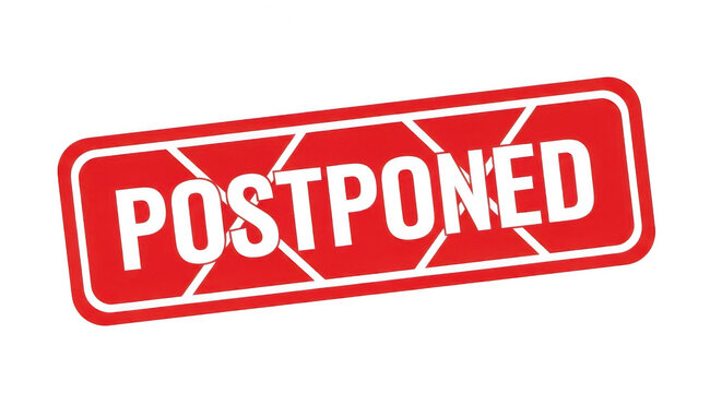 Red rectangular stamp with the word postponed written in white text isolated png