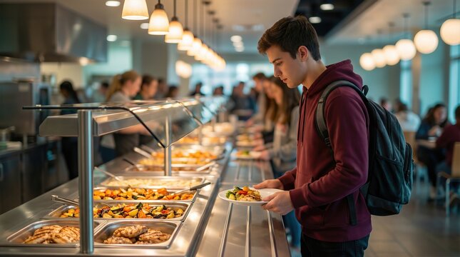 Male student in maroon hoodie selects food from a buffet line in a university dining hall, with other students visible in the background