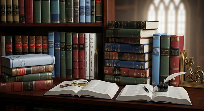 open books and inkwell on wooden desk in library