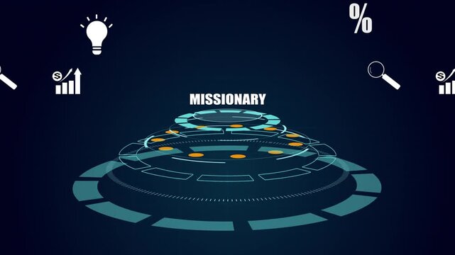 Missionary vision concept, futuristic digital HUD interface background, corporate objective and strategic planning chart, growth and success icons.