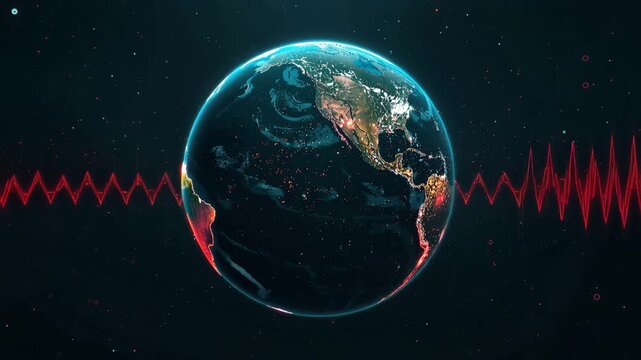 情報の鼓動を象徴する発光ラインに包まれた地球の抽象3DCG