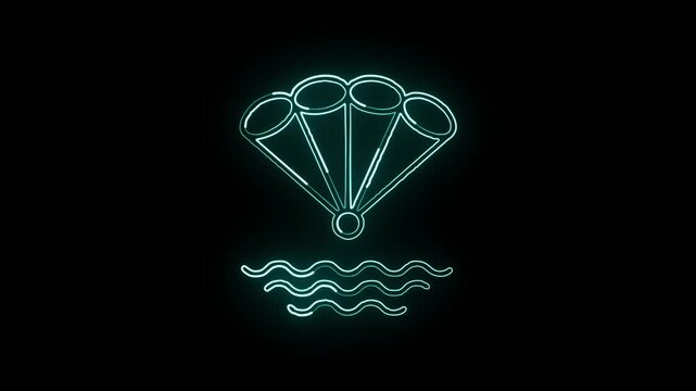 Glowing neon line parachuter icon with animated descent. Parachute sport animation HD video isolated on black background.