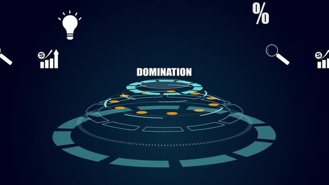 Achieving market domination through a futuristic digital HUD interface, showing business growth charts, data analytics, strategy concept and corporate success.