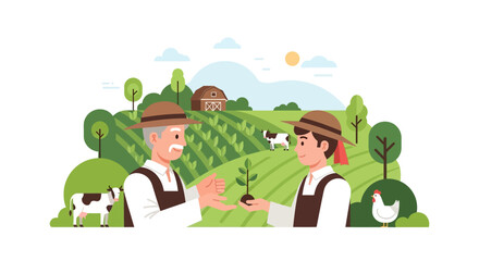 Fototapeta premium Generational Farmers Cultivating Future: Elder and Young Man Passing Seedling in Lush Farm Landscape. Sustainable Agriculture & Growth Concept