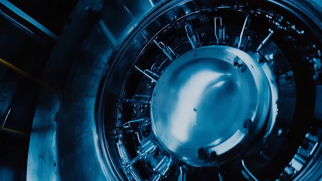 High tech laboratory reactor and steel machinery glowing blue as advanced physics research generates clean energy, showcasing industrial technology, engineering detail and innovation
