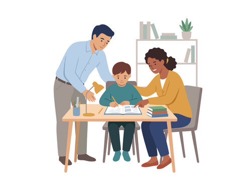 Parents helping child with homework at desk.