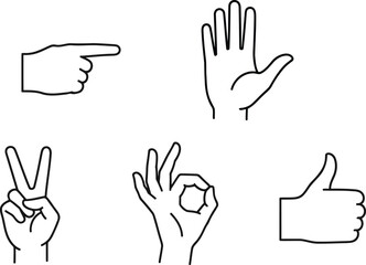 Fototapeta premium A collection of five different hand gestures depicted in a simple black and white line art style. Vector