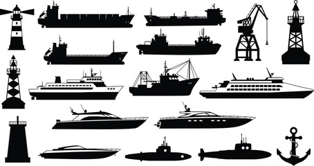 Silhouette of various boats and ships isolated on transparent background © mdkamran