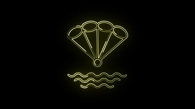 Glowing neon line parachuter icon with animated descent. Parachute sport animation HD video isolated on black background.