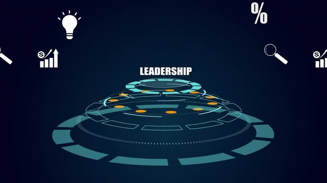 Leadership concept with futuristic digital HUD interface, business growth data chart, idea light bulb and magnifying glass icons, 3D motion elements.