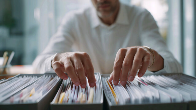 Hands searching paper records in filing box