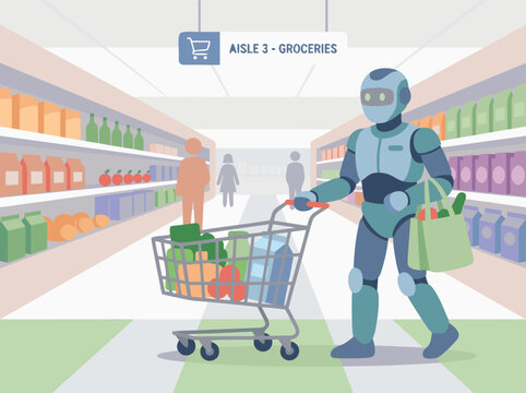 Robot Shopping in a Grocery Store Aisle.