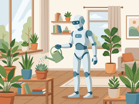 Robot watering plants in a modern living room.